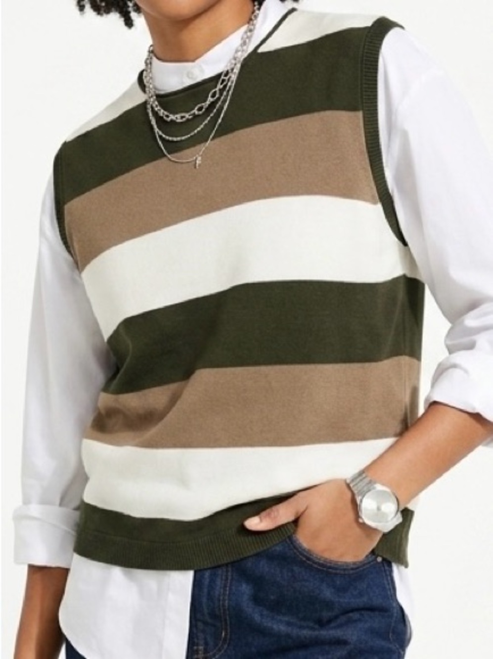 Christopher & Banks Striped Knit Sweater Vest | Earth Tones Olive Brown | L